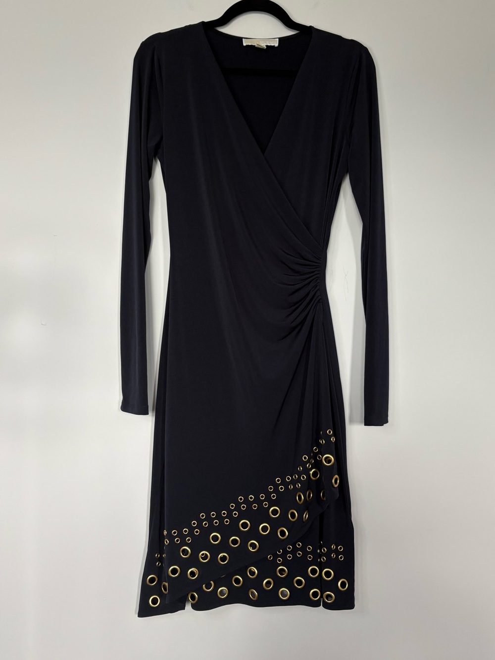 Micheal Kors Navy Blue/Black Long Sleeve Wrap Gormmet Dress Size M Ruched
